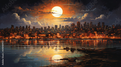 Painting of a city at night with a full moon © Tariq