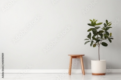 Ficus and stool near white wall, space for text. Home plants. generative ai.