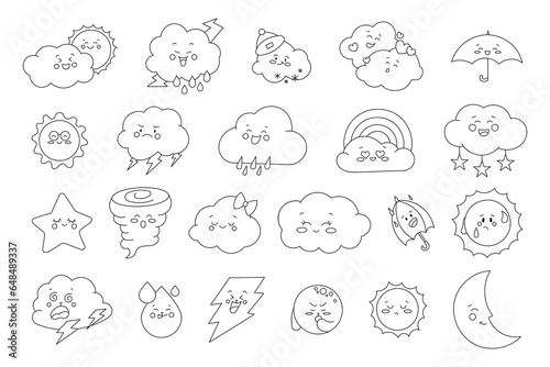 Cute weather characters. Coloring Page. Weather forecast. Vector drawing. Collection of design elements.