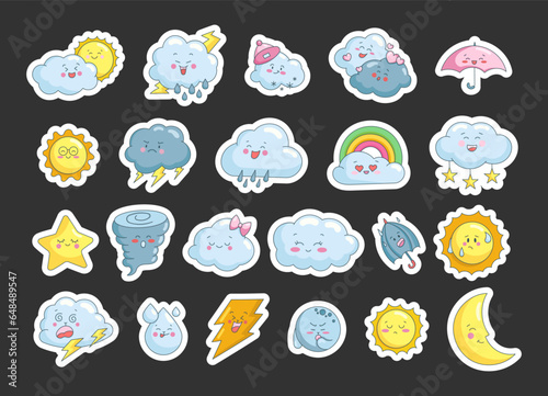 Cute weather characters. Sticker Bookmark. Weather forecast. Vector drawing. Collection of design elements.