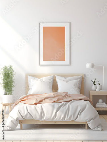 Modern minimalistic bedroom interior design in pastel orange tone with a bed, table, night stands and decoration
