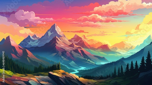 Pop Art Style of a Mountain Range Landscape and rainbow © Left