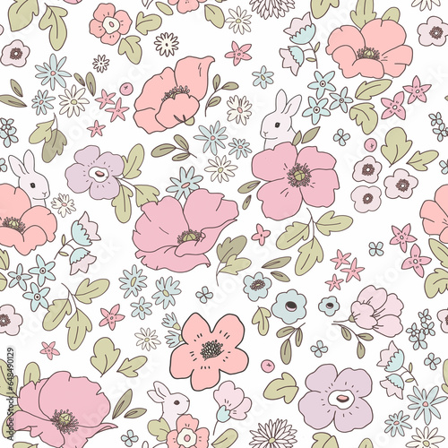 Beautiful seamless pattern with cute colorful abstract flowers and white rabbits. Stock print illustration. Popular design.
