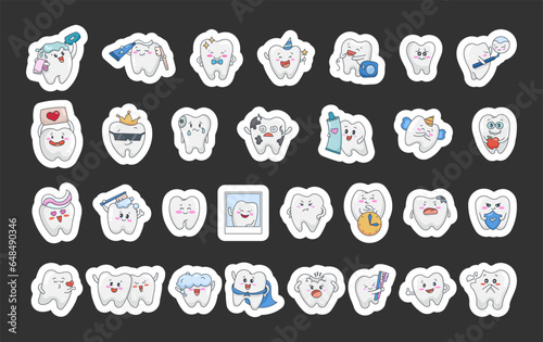 Cute tooth character. Sticker Bookmark. Care and cleaning concept. Morning routine. Dentistry. Vector drawing. Collection of design elements.