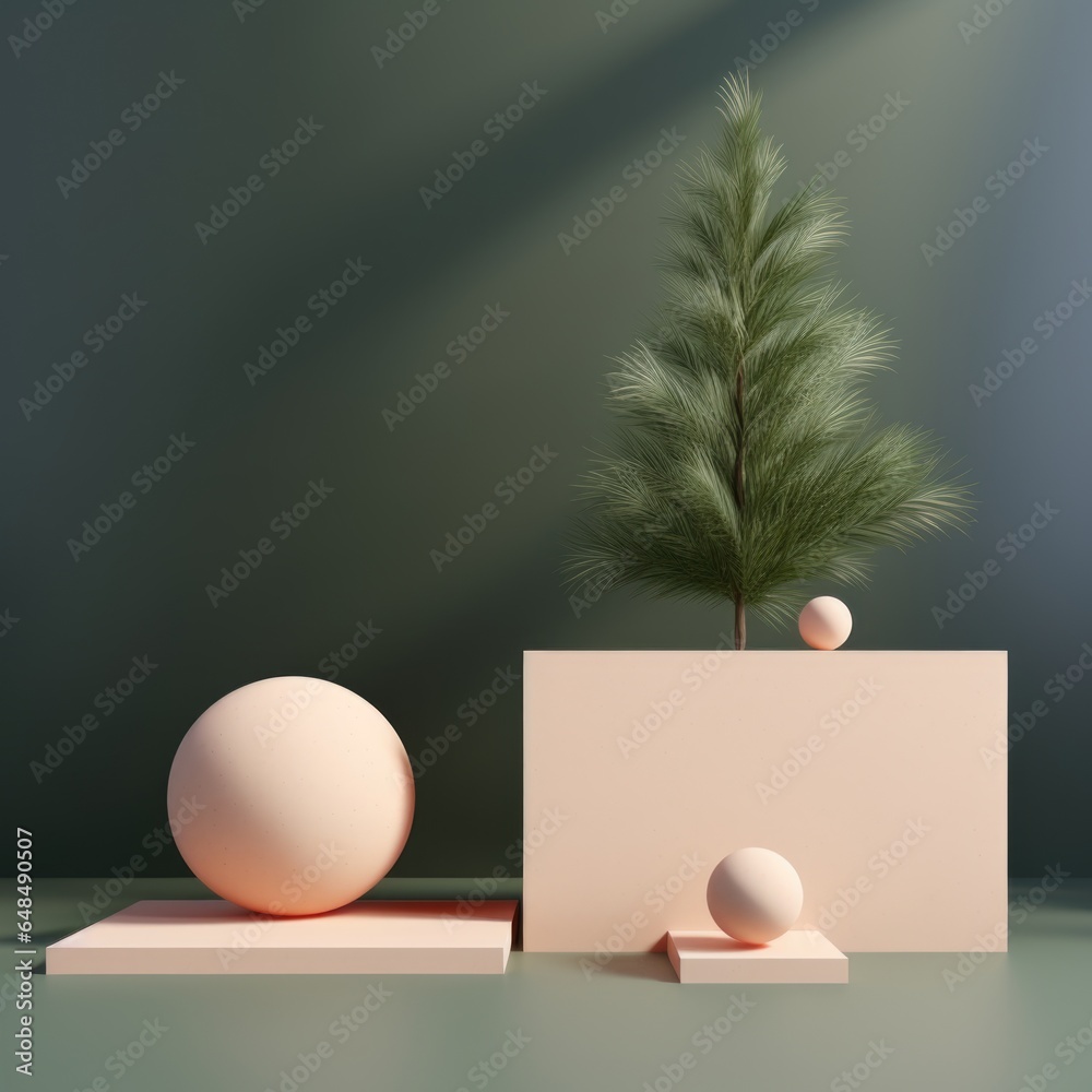 Creative abstract minimalistic scene with spheres and fir tree, green and pink colours , product display for mockup presentation, Christmas concept. Creative abstract minimalistic scene with spheres and fir tree, green and pink colours , product display for mockup presentation, Christmas concept.