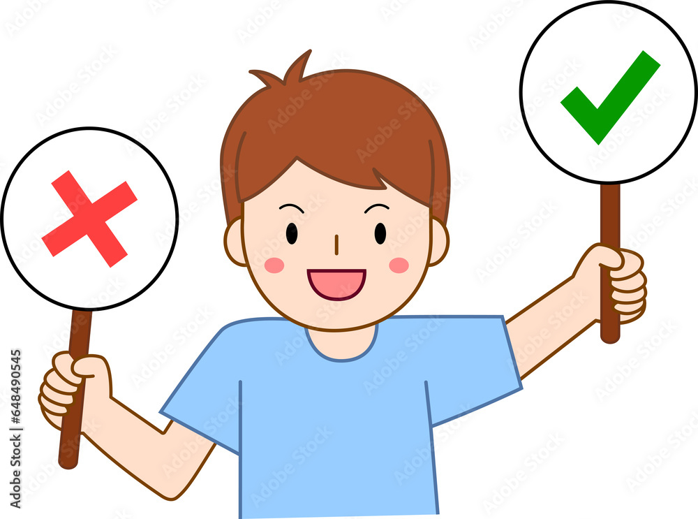 little boy holding right or wrong sign. true or false concept illustration little boy holding right or wrong sign. true or false concept illustration
