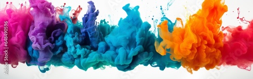 A cloud of multicolored dust erupts on a see-through backdrop. Dust closeup against an abstract background. The explosion of color. Holi color painting on clear white background.