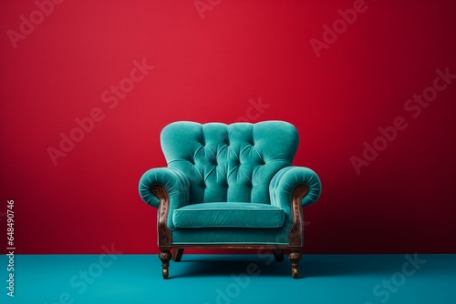 Red velvet chair on a blue background. Generative AI