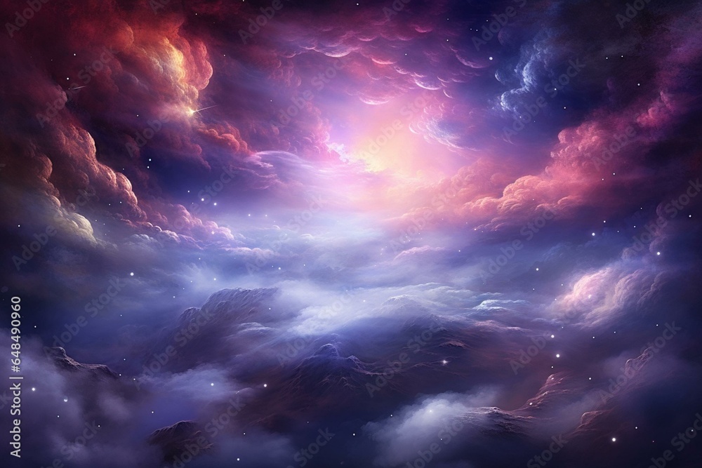 Lively cosmos full of vivid nebula, dazzling stars and hazy clouds. Generative AI