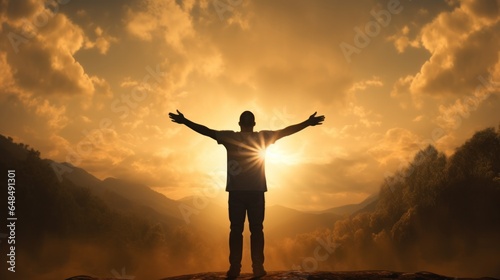 Silhouette of a man praising and symbol of a cross