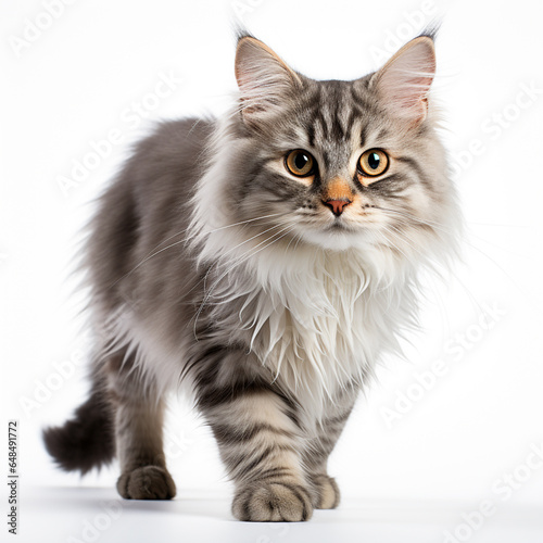 Furry cat with captivating whiskers sits on white surface