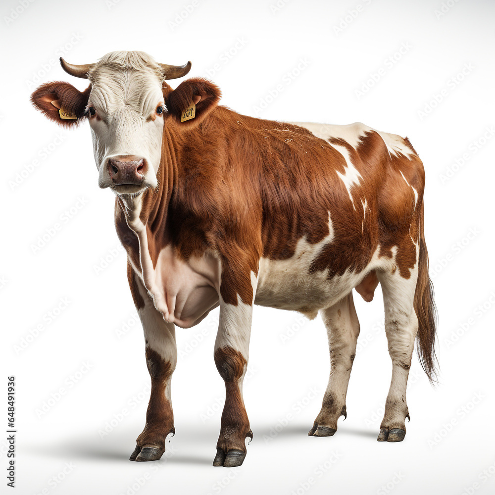 A peaceful bovine stands tall against a serene white backdrop, captivating onlookers with its gentle snout