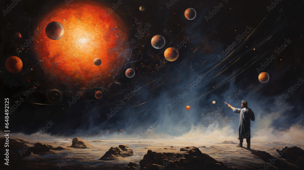 Painting of planets and a person reaching