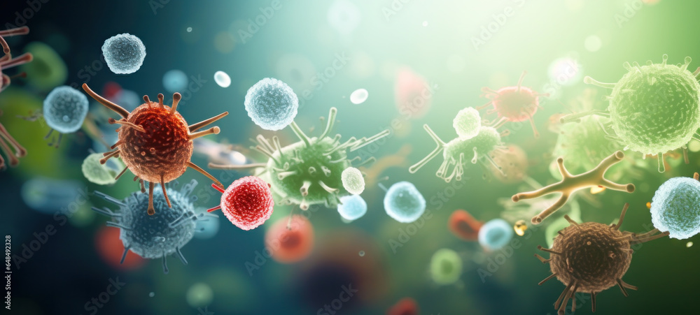Microorganisms, viruses cells or bacteria molecules, view of a virus under a microscope, infectious disease, cell-infected organisms. - obrazy, fototapety, plakaty 