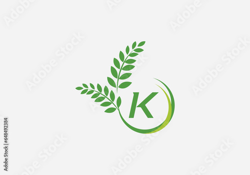 Laurel wreath green leaf logo and Vintage wheat logo design monogram vector