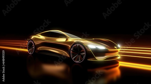 Gold neon glowing in the dark electric car on high speed running concept © Beny