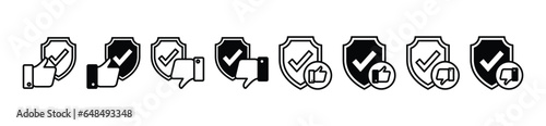 Shield, check mark, thumbs up and thumbs down thin line icons. Safety, security, protection, shields with check mark icon symbol for apps and websites. Editable stroke. Vector illustration