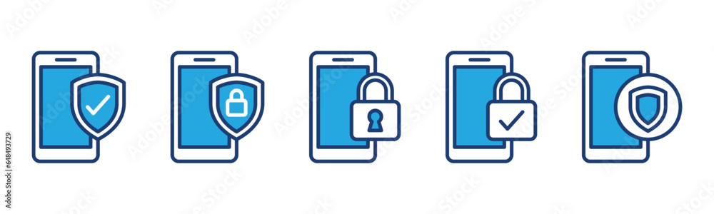 Mobile security icons. Cyber security, shield protection, safety, monitor, padlock, check mark icon symbol for apps and websites. Editable stroke. Vector illustration Mobile security icons. Cyber security, shield protection, safety, monitor, padlock, check mark icon symbol for apps and websites. Editable stroke. Vector illustration