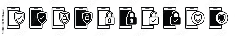 Mobile security thin line icons. Cyber security, shield protection, safety, monitor, padlock, check mark icon symbol for apps and websites. Editable stroke. Vector illustration Mobile security thin line icons. Cyber security, shield protection, safety, monitor, padlock, check mark icon symbol for apps and websites. Editable stroke. Vector illustration