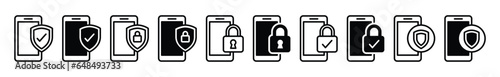 Mobile security thin line icons. Cyber security, shield protection, safety, monitor, padlock, check mark icon symbol for apps and websites. Editable stroke. Vector illustration