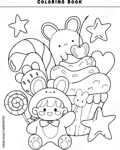 coloring page for kids Kawaii colouring page anime cartoon character girl and animal cute outdoor for kids doodle cupcakes strawberry star heart