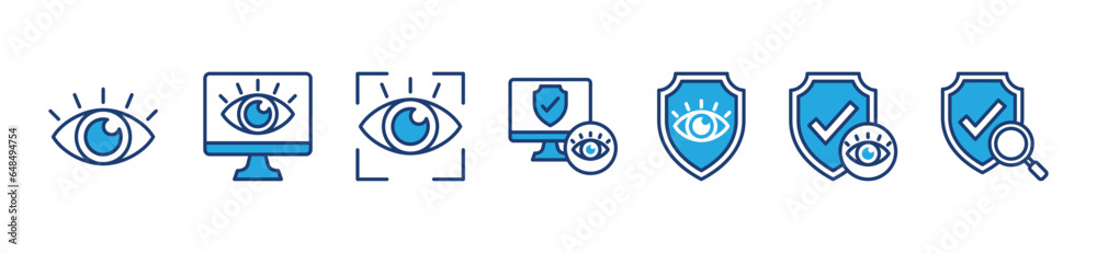 Monitoring icons. Supervision, observation, watching, surveillance, shield protection icon symbol for app and website. Vector illustration Monitoring icons. Supervision, observation, watching, surveillance, shield protection icon symbol for app and website. Vector illustration