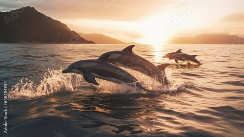 Beautiful group of dolphins jumping out of sea © Beny
