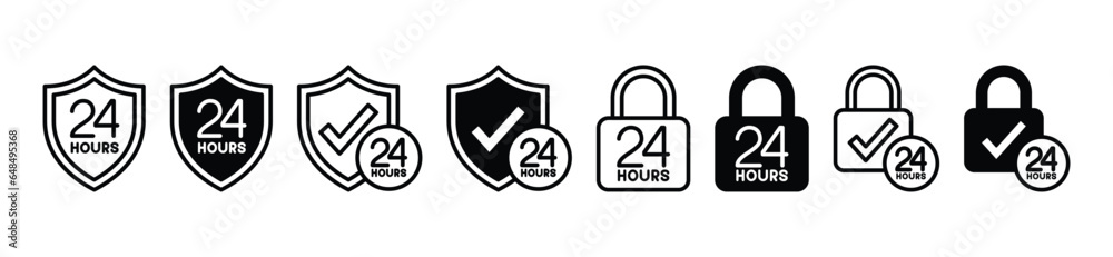 24 hour security thin line icon for apps and websites. Safety, secure, protection for 24 hours icons symbol. Shield, padlock, lock, check mark icon. Vector illustration 24 hour security thin line icon for apps and websites. Safety, secure, protection for 24 hours icons symbol. Shield, padlock, lock, check mark icon. Vector illustration
