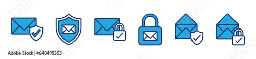 Mail icon set. email security icon vector. E-mail icon. Envelope symbol. email with shield protection, padlock, and check mark for apps and websites