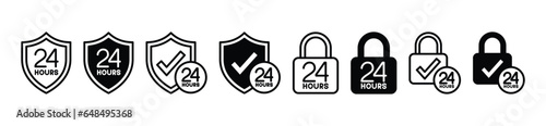 24 hour security thin line icon for apps and websites. Safety, secure, protection for 24 hours icons symbol. Shield, padlock, lock, check mark icon. Vector illustration