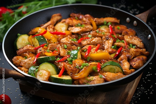 A tasty stir fry with tender chicken, zucchini, and sweet peppers