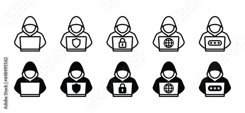 Hacker thin line icons. Internet or cyber security hacker icon. Computer system hacking attack icon symbol. Vector illustration