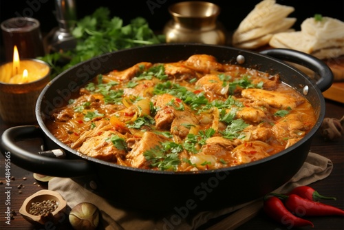 A wooden pan holds a tasty, spice infused chicken curry delight