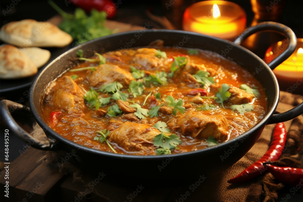 Delicious chicken curry simmering in a rustic wooden cooking vessel