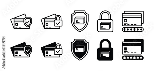 Secure payment thin line icons. Credit card protection and security icon symbol for apps and websites. Shield, padlock, locked, password, banking card. Vector illustration 
