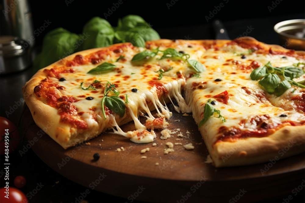 Hot Italian pizza with stretching cheese, basil slice Hot Italian pizza with stretching cheese, basil slice