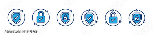 Security update icons. Safety, secure, protection, shield, padlock, check mark, process, upgrade with circle arrow icon symbol for apps and websites. Vector illustration
