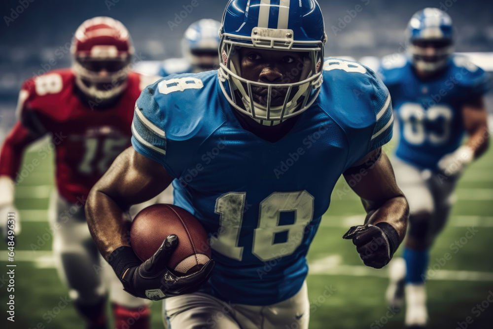 American football in action with ball at stadium. American football in action with ball at stadium.