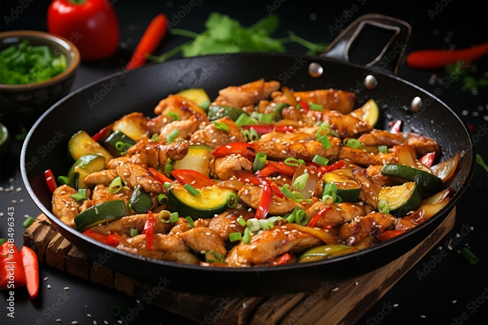 A colorful Chinese stir fry featuring chicken, zucchini, and sweet peppers A colorful Chinese stir fry featuring chicken, zucchini, and sweet peppers