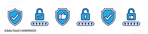 Security permissions icons. Clearance of safety, security, protection icon symbol. Shield, approval, check mark, password, padlock, open, thumb up signs symbol. Vector illustration