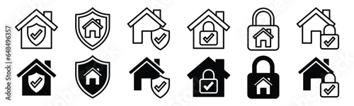 Home insurance line icons. House or home protection icon symbol. Safety, security, secure house. Shield, padlock, check mark, real estate, lock icon symbol. Vector illustration
