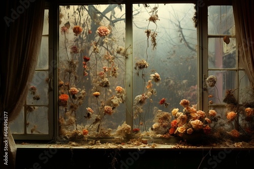 A room's window overlooks withered flowers, emphasizing the problem of global warming. Generative AI