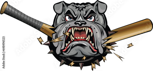 a fierce bulldog breaks a baseball bat