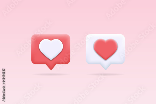 Heart in speech bubble icon. Design element for love, like, emotion in social media, network, marketing, app. 3d buttons set for comment, feedback, flirting, romance, dialog, notification concept