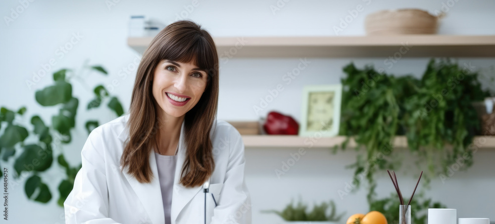 Portrait beautiful smart nutritionist woman in the nutritionist consultation. Portrait beautiful smart nutritionist woman in the nutritionist consultation.