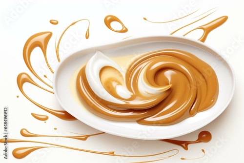 Scrumptious caramel sauce with almond over white, featuring a wavy design. Digitally created image. Generative AI
