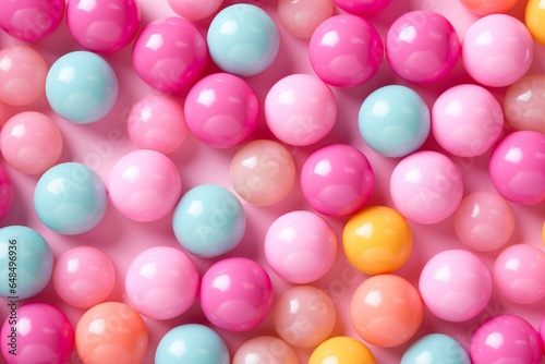 Colorful gumballs on pink surface. Generative AI photo