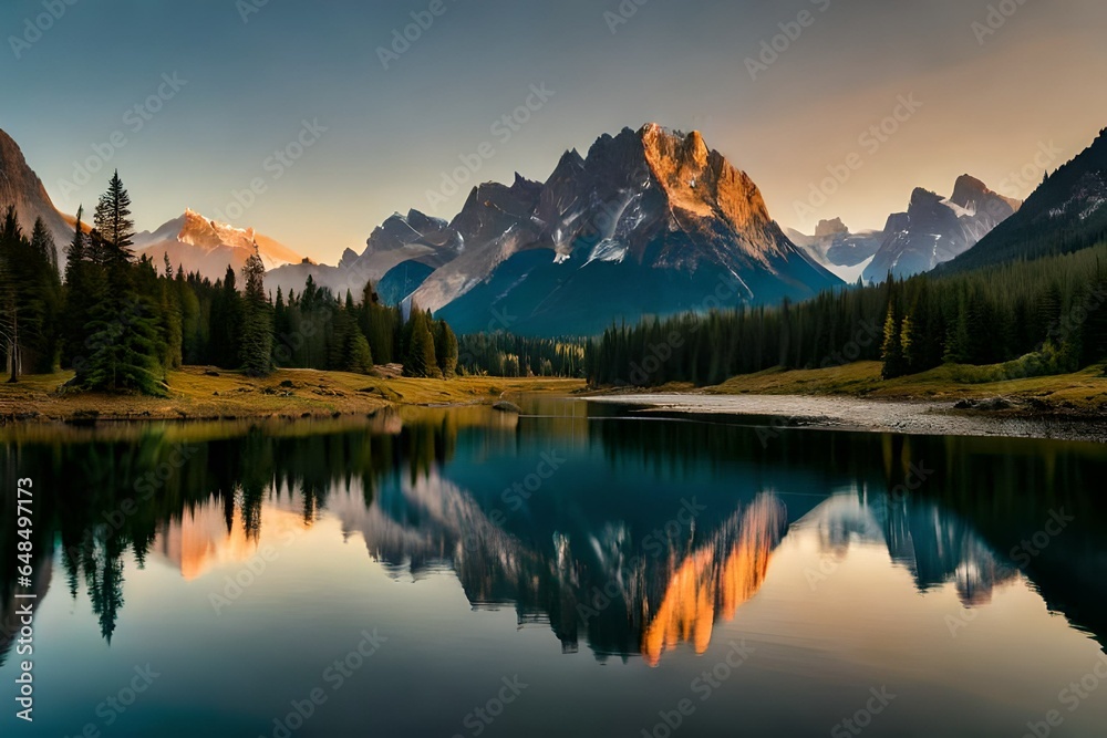 Panorama of a rocky mountain meadow with larch trees and mountain range in the background- British Columbia, Canada  3d render - obrazy, fototapety, plakaty 