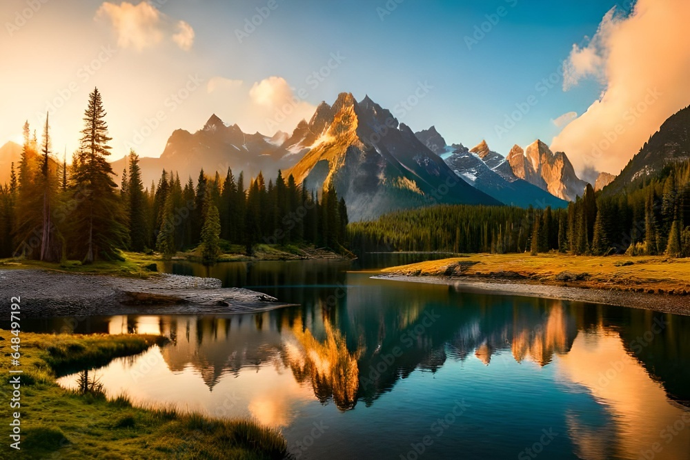 Panorama of a rocky mountain meadow with larch trees and mountain range in the background- British Columbia, Canada  3d render