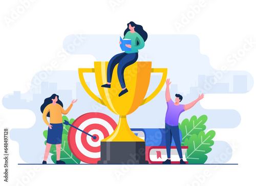 Books with trophy, Education and graduation, Academic and school knowledge, Study, Educational competition winner prize, Self-learning, improving receiving reward, Education and personal growth